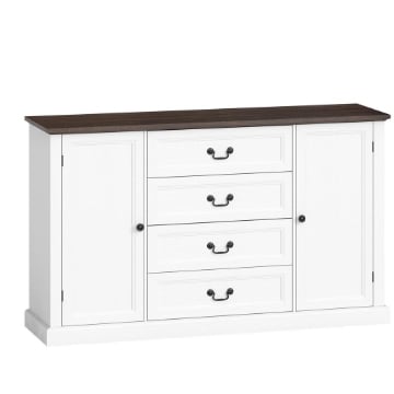 CREDENZA DA CUCINA STILE VINTAGE CON 4 CASSETTI E 2 ARMADIETTI CON MENSOLE REGOLABILI, 147X40X87, LEGNO BIANCO