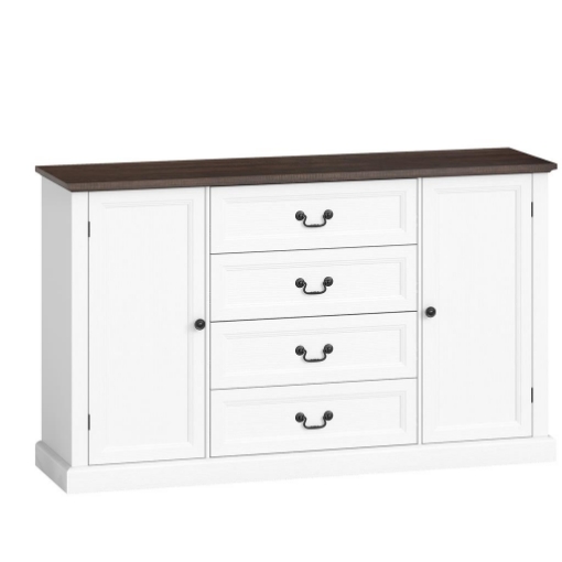 CREDENZA DA CUCINA STILE VINTAGE CON 4 CASSETTI E 2 ARMADIETTI CON MENSOLE REGOLABILI, 147X40X87, LEGNO BIANCO