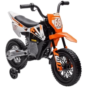 MOTO ELETTRICA PER BAMBINI CON ROTELLE RIMOVIBILI, SOSPENSIONI, SUONI E INDICATORE DI CARICA, ARANCIONE