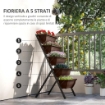 PORTAPIANTE VERTICALE A 5 LIVELLI CON 5 VASI CON FORI DI DRENAGGIO, IN ACCIAIO E PE, 55X63X120 CM, MARRONE