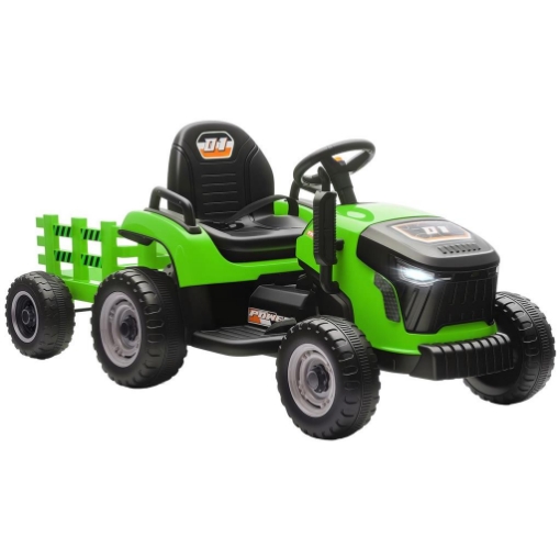 TRATTORE ELETTRICO PER BAMBINI CON RIMORCHIO STACCABILE E TELECOMANDO, IN PLASTICA E METALLO, 139X58X55 CM, VERDE