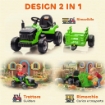 TRATTORE ELETTRICO PER BAMBINI CON RIMORCHIO STACCABILE E TELECOMANDO, IN PLASTICA E METALLO, 139X58X55 CM, VERDE