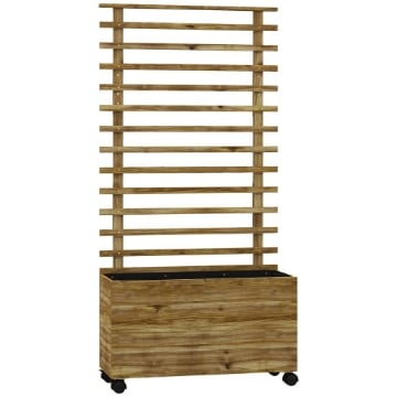 FIORIERA VERTICALE CON 4 RUOTE E TRALICCIO PER PIANTE RAMPICANTI IN LEGNO, 76X30X155 CM, COLOR LEGNO