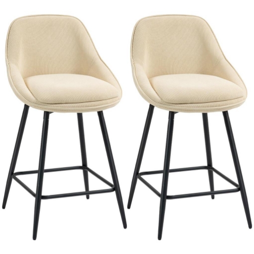 SET 2 SGABELLI BAR GIREVOLI CON SCHIENALE E BRACCIOLI, RIVESTIMENTO IN VELLUTO A COSTE E POGGIAPIEDI, BEIGE