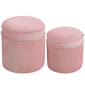 SET 2 POUF POGGIAPIEDI ROTONDI IMPILABILI E IMBOTTITI CON RIVESTIMENTO IN VELLUTO, CONTENITORE DA 34.8L, ROSA