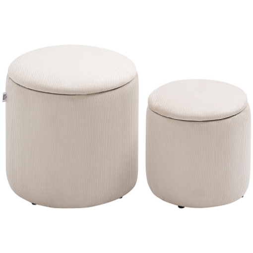 SET DI 2 POUF CONTENITORE SALVASPAZIO ROTONDI E IMBOTTITI IN VELLUTO A COSTE, BIANCO