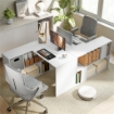 SCRIVANIA ANGOLARE MODERNA CON SCAFFALE E CASSETTO IN TESSUTO, 110X100X75 CM, BIANCO