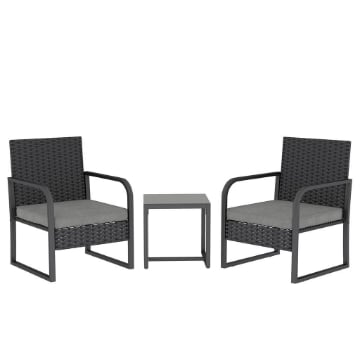 SALOTTO DA GIARDINO IN RATTAN CON 2 POLTRONE DA ESTERNO E TAVOLINO CON PIANO IN VETRO, NERO