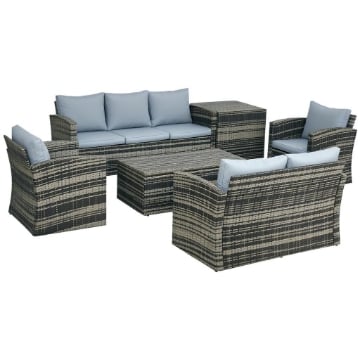 SET DA ESTERNO 6 PEZZI CON 2 TAVOLINI CONTENITORE, 2 DIVANI E 2 POLTRONE, IN RATTAN E ACCIAIO, GRIGIO