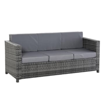 DIVANO DA ESTERNO 3 POSTI IN RATTAN PE E METALLO CON CUSCINI PER SEDUTA E SCHIENALE, 185X70X80 CM, GRIGIO