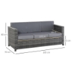 DIVANO DA ESTERNO 3 POSTI IN RATTAN PE E METALLO CON CUSCINI PER SEDUTA E SCHIENALE, 185X70X80 CM, GRIGIO