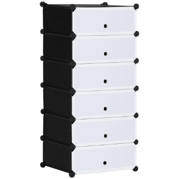 SCARPIERA MODULARE SALVASPAZIO CON 6 SCATOLE IN PLASTICA PP E ACCIAIO, 49X36.5X108 CM, NERO E TRASPARENTE