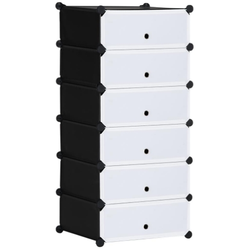 SCARPIERA MODULARE SALVASPAZIO CON 6 SCATOLE IN PLASTICA PP E ACCIAIO, 49X36.5X108 CM, NERO E TRASPARENTE