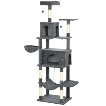 ALBERO TIRAGRAFFI PER GATTI ALTO 202 CM CON 6 PALI IN SISAL, 2 CASETTE, 2 AMACHE E LETTINO, GRIGIO