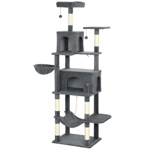 ALBERO TIRAGRAFFI PER GATTI ALTO 202 CM CON 6 PALI IN SISAL, 2 CASETTE, 2 AMACHE E LETTINO, GRIGIO
