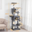 ALBERO TIRAGRAFFI PER GATTI ALTO 202 CM CON 6 PALI IN SISAL, 2 CASETTE, 2 AMACHE E LETTINO, GRIGIO