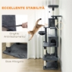 ALBERO TIRAGRAFFI PER GATTI ALTO 202 CM CON 6 PALI IN SISAL, 2 CASETTE, 2 AMACHE E LETTINO, GRIGIO