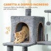ALBERO TIRAGRAFFI PER GATTI ALTO 202 CM CON 6 PALI IN SISAL, 2 CASETTE, 2 AMACHE E LETTINO, GRIGIO