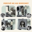 ALBERO TIRAGRAFFI PER GATTI ALTO 202 CM CON 6 PALI IN SISAL, 2 CASETTE, 2 AMACHE E LETTINO, GRIGIO
