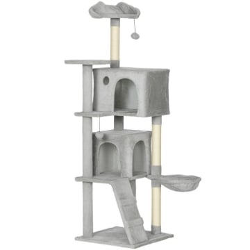 ALBERO TIRAGRAFFI PER GATTI ALTO 160 CM CON 2 CASETTE, AMACA, LETTINO E PALI IN SISAL, GRIGIO