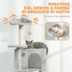 ALBERO TIRAGRAFFI PER GATTI ALTO 160 CM CON 2 CASETTE, AMACA, LETTINO E PALI IN SISAL, GRIGIO
