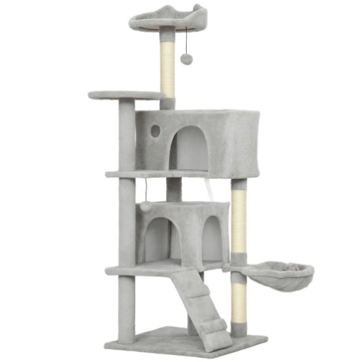 ALBERO TIRAGRAFFI PER GATTI ALTO 140 CM CON 2 CASETTE, AMACA, LETTINO E PALI IN SISAL, GRIGIO