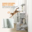 ALBERO TIRAGRAFFI PER GATTI ALTO 140 CM CON 2 CASETTE, AMACA, LETTINO E PALI IN SISAL, GRIGIO