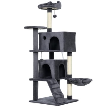 ALBERO PER GATTI ALTO 140 CM CON 2 CASETTE, LETTINO E AMACA PER 2-3 GATTI, RIVESTIMENTO PELUCHE, GRIGIO