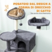 ALBERO PER GATTI ALTO 140 CM CON 2 CASETTE, LETTINO E AMACA PER 2-3 GATTI, RIVESTIMENTO PELUCHE, GRIGIO