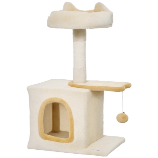 ALBERO TIRAGRAFFI PER GATTI CON POSATOIO E CASETTA, IN LEGNO, PELUCHE E SISAL, 40X30X72 CM, BEIGE E GIALLO