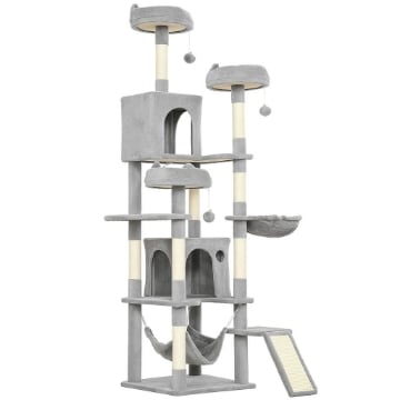 ALBERO TIRAGRAFFI PER GATTI CON SCALA, 2 AMACHE, 3 POSATOI, 2 CASETTE E 3 PIATTAFORME, 48X48X192 CM, GRIGIO E CREMA