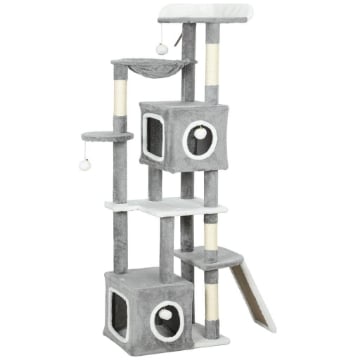 ALBERO TIRAGRAFFI PER GATTI CON 2 CASETTE, RAMPA, TRESPOLI E 4 PALLINE, 48X40X165 CM, GRIGIO E BIANCO