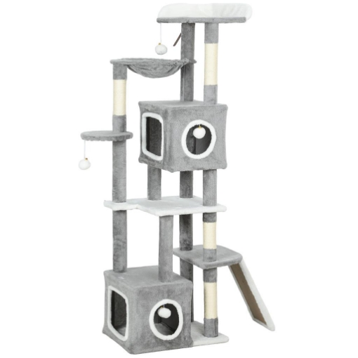 ALBERO TIRAGRAFFI PER GATTI CON 2 CASETTE, RAMPA, TRESPOLI E 4 PALLINE, 48X40X165 CM, GRIGIO E BIANCO