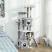 ALBERO TIRAGRAFFI PER GATTI CON 2 CASETTE, RAMPA, TRESPOLI E 4 PALLINE, 48X40X165 CM, GRIGIO E BIANCO
