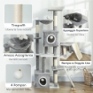 ALBERO TIRAGRAFFI PER GATTI CON 2 CASETTE, RAMPA, TRESPOLI E 4 PALLINE, 48X40X165 CM, GRIGIO E BIANCO