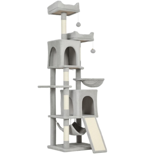 ALBERO TIRAGRAFFI PER GATTI CON 2 CASETTE, 2 LETTINI, TRESPOLO E 2 PALLINE, 48X40X177 CM, GRIGIO CHIARO E BEIGE