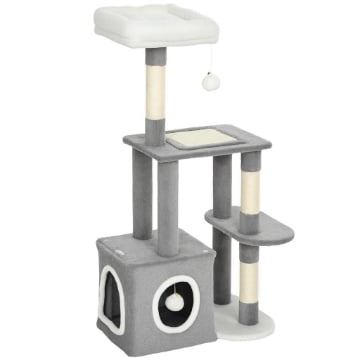 ALBERO TIRAGRAFFI PER GATTI CON CASETTA, LETTINO E 2 PALLINE, IN LEGNO E PELUCHE, 55X40X107 CM, GRIGIO E BIANCO