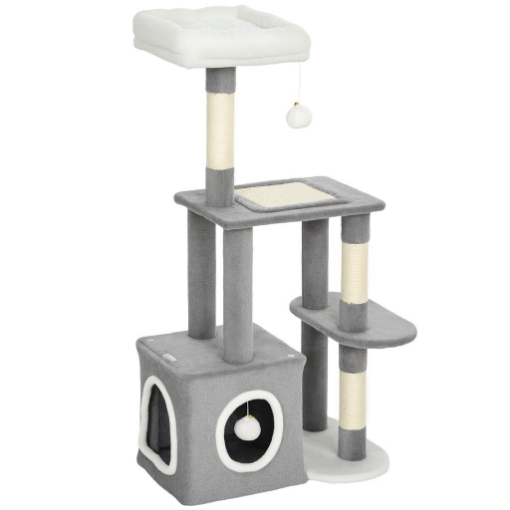 ALBERO TIRAGRAFFI PER GATTI CON CASETTA, LETTINO E 2 PALLINE, IN LEGNO E PELUCHE, 55X40X107 CM, GRIGIO E BIANCO