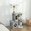 ALBERO TIRAGRAFFI PER GATTI CON CASETTA, LETTINO E 2 PALLINE, IN LEGNO E PELUCHE, 55X40X107 CM, GRIGIO E BIANCO