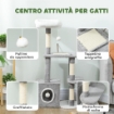 ALBERO TIRAGRAFFI PER GATTI CON CASETTA, LETTINO E 2 PALLINE, IN LEGNO E PELUCHE, 55X40X107 CM, GRIGIO E BIANCO