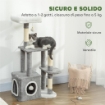 ALBERO TIRAGRAFFI PER GATTI CON CASETTA, LETTINO E 2 PALLINE, IN LEGNO E PELUCHE, 55X40X107 CM, GRIGIO E BIANCO