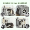 ALBERO TIRAGRAFFI PER GATTI CON CASETTA, LETTINO E 2 PALLINE, IN LEGNO E PELUCHE, 55X40X107 CM, GRIGIO E BIANCO