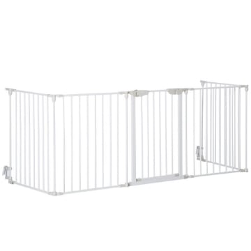 CANCELLINO PER CANI REGOLABILE E PIEGHEVOLE CON CHIUSURA AUTOMATICA E BLOCCO, 300X74.5 CM, BIANCO