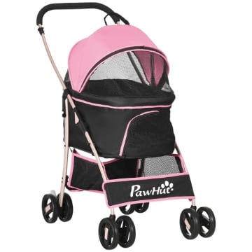 PASSEGGINO PER CANI 2 IN 1 PIEGHEVOLE E CONVERTIBILE IN TRASPORTINO CON 2 GUINZAGLI E CUSCINO, ROSA