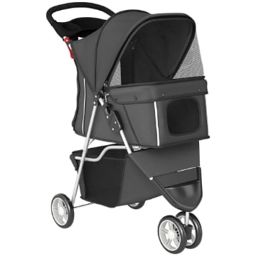 PASSEGGINO PER CANI PIEGHEVOLE CON PORTABICCHIERI E CESTINO, 77X44X102 CM, GRIGIO CARBONE