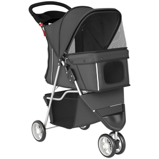 PASSEGGINO PER CANI PIEGHEVOLE CON PORTABICCHIERI E CESTINO, 77X44X102 CM, GRIGIO CARBONE
