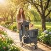PASSEGGINO PER CANI PIEGHEVOLE CON PORTABICCHIERI E CESTINO, 77X44X102 CM, GRIGIO CARBONE
