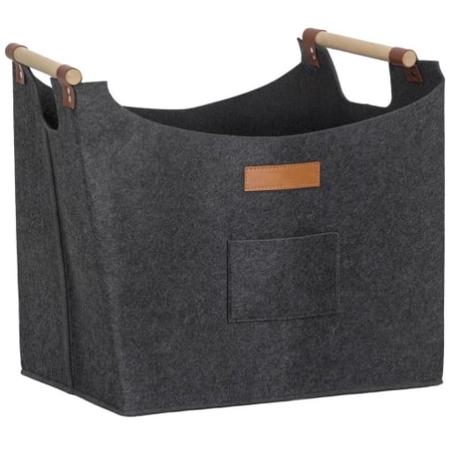 BORSA IN FELTRO PORTALEGNA DA INTERNO CON MANICI IN LEGNO, CAPACITÀ 15 KG, 45X32X40 CM, GRIGIO