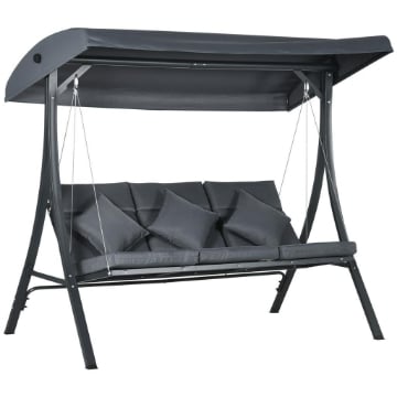 DONDOLO DA GIARDINO 3 POSTI CON TETTUCCIO REGOLABILE, IN ACCIAIO E POLIESTERE, 202X115X168 CM, GRIGIO SCURO