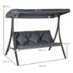 DONDOLO DA GIARDINO 3 POSTI CON TETTUCCIO REGOLABILE, IN ACCIAIO E POLIESTERE, 202X115X168 CM, GRIGIO SCURO